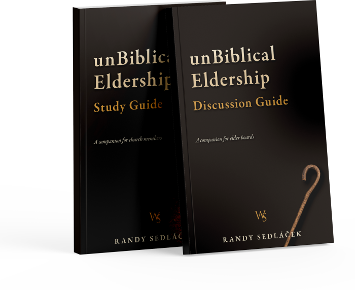 The two companion guides side by side: a Study Guide for church members and a Discussion Guide for elder boards, both by Randy Sedláček