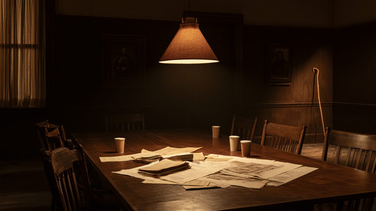 An empty boardroom table under a low lamp, papers left where the meeting ended.