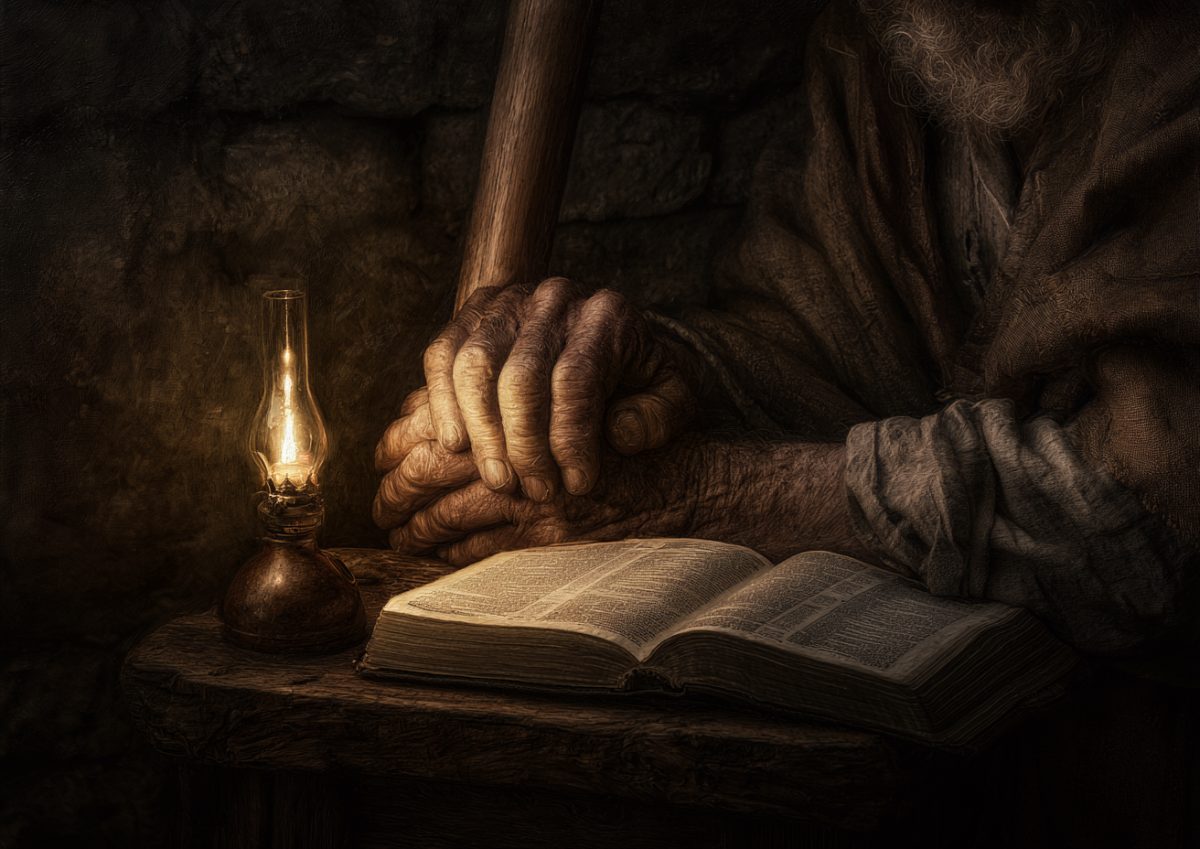 Weathered hands resting on an open Bible beside a lit oil lamp.