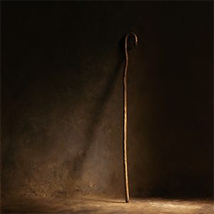 A shepherd's staff standing alone against a bare wall.