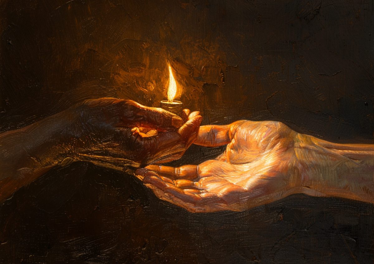 One hand passing a small flame to another hand held open to receive it.
